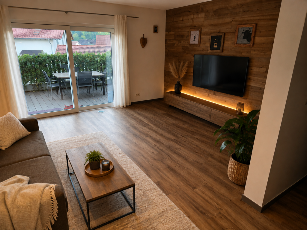 Modern gestaltetes Wohnzimmer mit hochwertigem Holzboden und harmonisch abgestimmter Holzwand