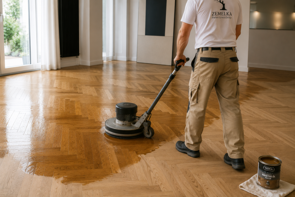 Oberflächenbehandlung und Ölen eines renovierten Parkettbodens